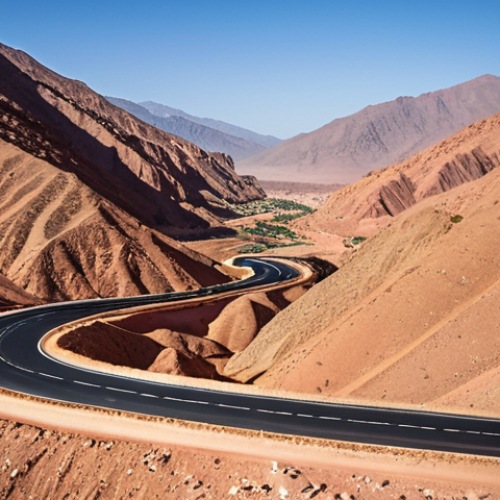 Home 26 **Marrakesh to Sahara Desert Road Trip:** A vibrant photo showcasing a car winding through the Atlas Mountains on the way to the Sahara Desert in Morocco. Capture the scenic beauty of the valley, including the landscape of Wadi Dades and Wadi Draa.