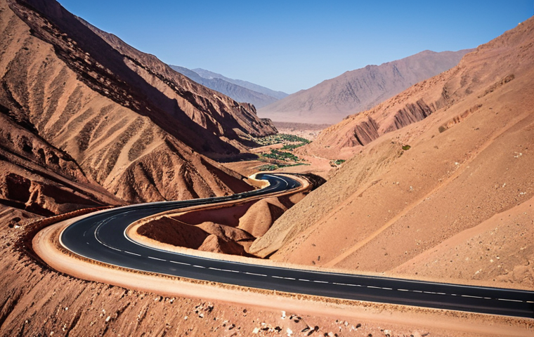 **Marrakesh to Sahara Desert Road Trip:** A vibrant photo showcasing a car winding through the Atlas Mountains on the way to the Sahara Desert in Morocco. Capture the scenic beauty of the valley, including the landscape of Wadi Dades and Wadi Draa.