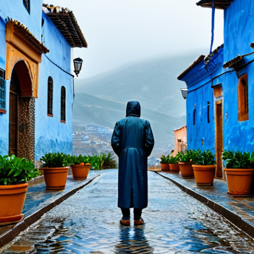 Home 25 A solitary person, fully clothed in a modest, waterproof jacket and trousers, stands on a wet, blue cobblestone alley in Chefchaouen, Morocco. The vibrant blue walls of the ancient buildings are glistening from recent rain, with droplets clinging to potted plants. In the background, the Rif Mountains are partially shrouded in soft mist and clouds, revealing lush green slopes. The atmosphere is serene and tranquil. Professional photography, perfect anatomy, correct proportions, natural pose, well-formed hands, proper finger count, natural body proportions, high resolution, safe for work, appropriate content, family-friendly.