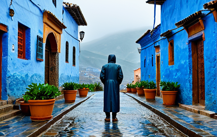 A solitary person, fully clothed in a modest, waterproof jacket and trousers, stands on a wet, blue cobblestone alley in Chefchaouen, Morocco. The vibrant blue walls of the ancient buildings are glistening from recent rain, with droplets clinging to potted plants. In the background, the Rif Mountains are partially shrouded in soft mist and clouds, revealing lush green slopes. The atmosphere is serene and tranquil. Professional photography, perfect anatomy, correct proportions, natural pose, well-formed hands, proper finger count, natural body proportions, high resolution, safe for work, appropriate content, family-friendly.