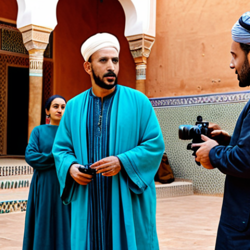 Home 23 **
"A vibrant film set in Morocco, featuring a director in modest, professional attire guiding actors. The scene showcases a blend of traditional Moroccan architecture and modern filmmaking equipment. Fully clothed actors are performing a scene. Background includes extras in traditional Moroccan clothing. Safe for work, appropriate content, professional setting, perfect anatomy, natural proportions, family-friendly."
**