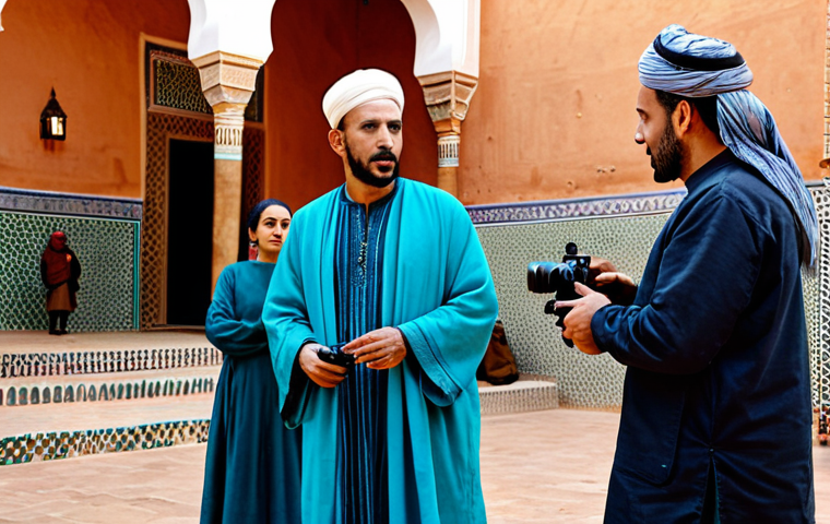 **

"A vibrant film set in Morocco, featuring a director in modest, professional attire guiding actors. The scene showcases a blend of traditional Moroccan architecture and modern filmmaking equipment. Fully clothed actors are performing a scene. Background includes extras in traditional Moroccan clothing. Safe for work, appropriate content, professional setting, perfect anatomy, natural proportions, family-friendly."

**
