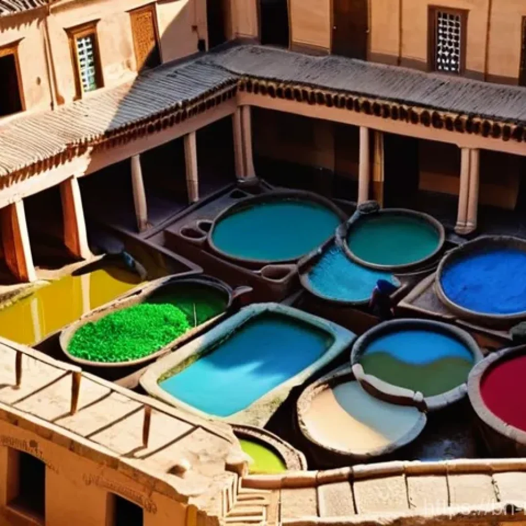 모로코 유네스코 문화유산 - **Prompt 1: A Vibrant Fes Tannery Scene**
"An aerial view of the Chouara Tannery in Fes, Morocco...