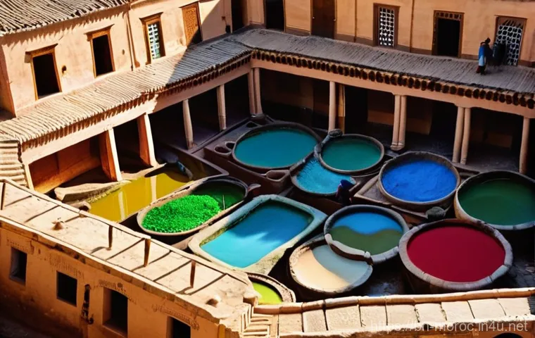 모로코 유네스코 문화유산 - **Prompt 1: A Vibrant Fes Tannery Scene**
    "An aerial view of the Chouara Tannery in Fes, Morocco...
