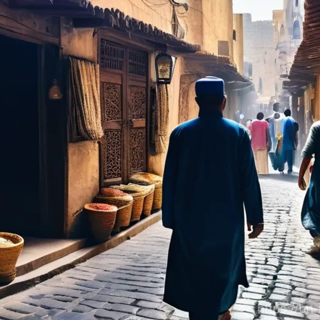 모로코에서 유네스코 보호 지역 - **A Vibrant Alleyway in Fes Medina at Daytime.**
**Details:** A narrow, winding alleyway in the ...