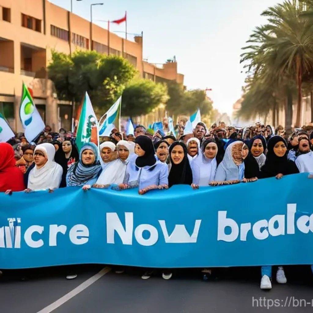 모로코 정치 현황 - **Prompt:** A dynamic and hopeful depiction of young Moroccan "Gen Z" activists. They are fully and ...