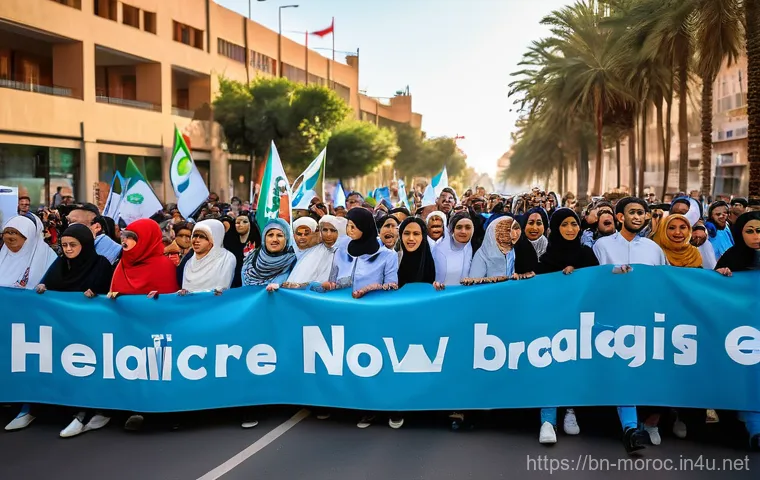 모로코 정치 현황 - **Prompt:** A dynamic and hopeful depiction of young Moroccan "Gen Z" activists. They are fully and ...