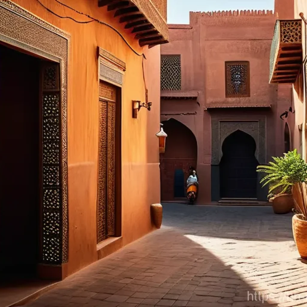 모로코에서 부동산 투자 - **Prompt:** A bustling, vibrant street scene in the heart of Marrakech's historic Medina. The image ...