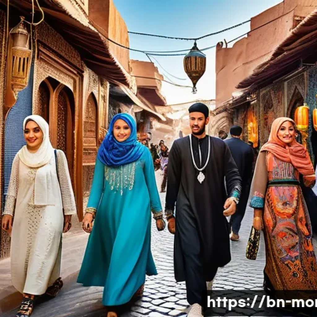 모로코의 대중문화 변화 - A vibrant Moroccan street scene showcasing young adults blending traditional and modern fashion: wom...