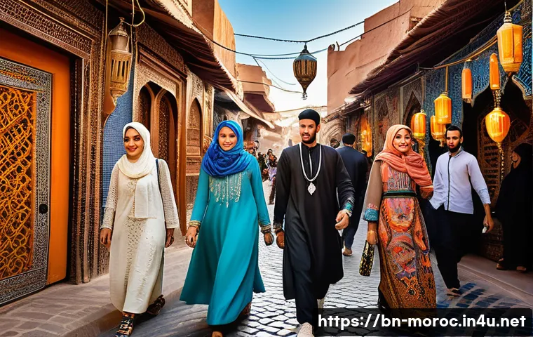 모로코의 대중문화 변화 - A vibrant Moroccan street scene showcasing young adults blending traditional and modern fashion: wom...