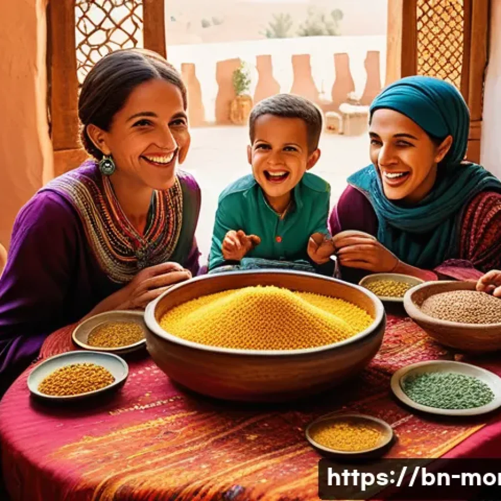 모로코에서 쿠스쿠스 먹는 날 - A warm Moroccan family gathering around a large traditional wooden table laden with colorful couscou...
