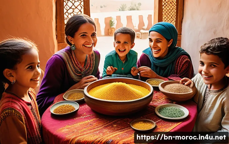 모로코에서 쿠스쿠스 먹는 날 - A warm Moroccan family gathering around a large traditional wooden table laden with colorful couscou...