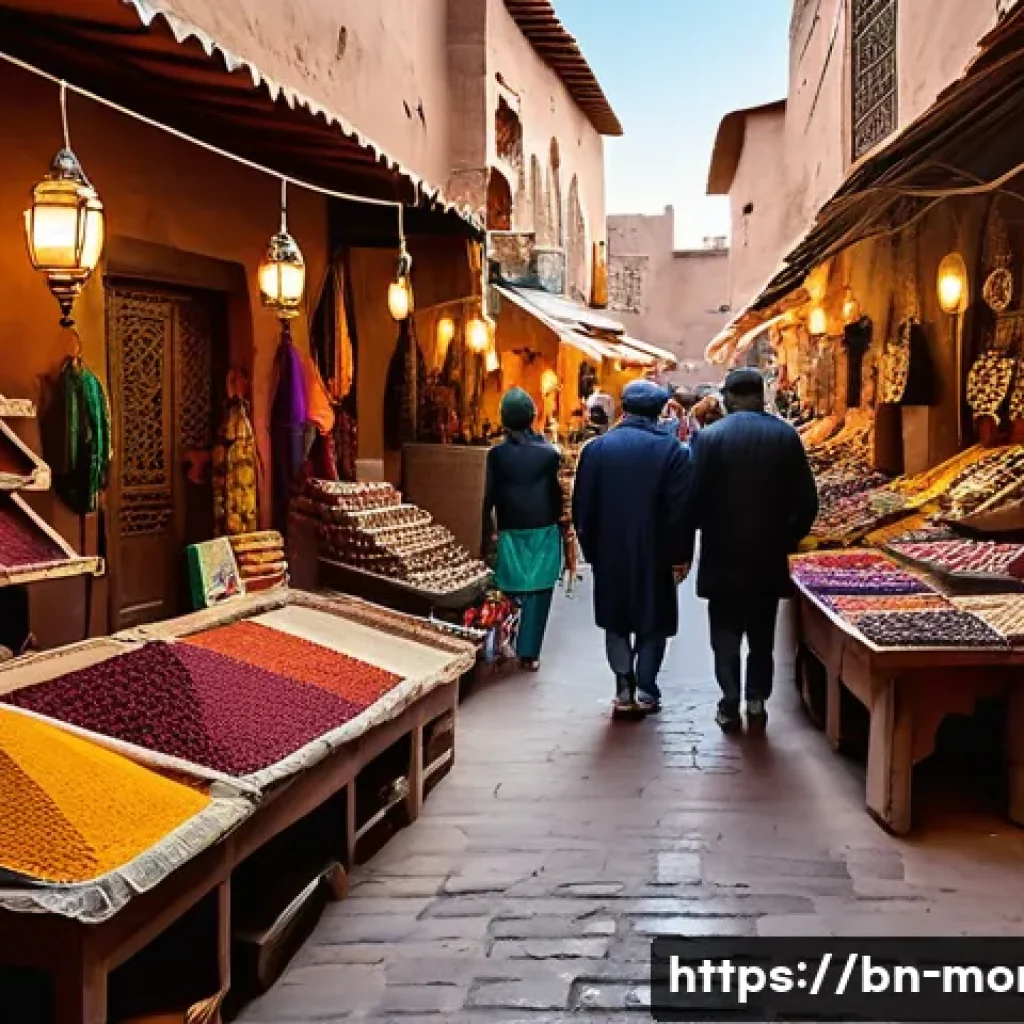 모로코에서 신혼여행 가기 - A vibrant Moroccan market scene in Fes or Marrakech, bustling with people wearing traditional clothi...