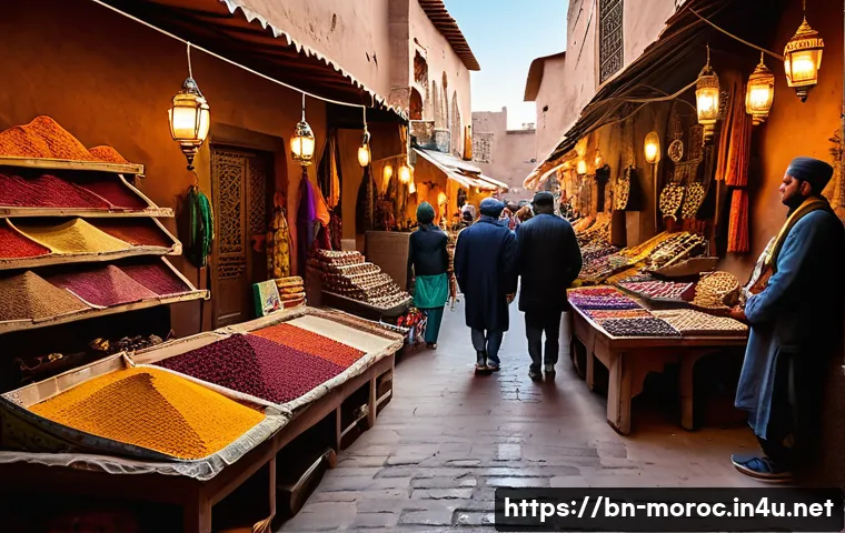 모로코에서 신혼여행 가기 - A vibrant Moroccan market scene in Fes or Marrakech, bustling with people wearing traditional clothi...
