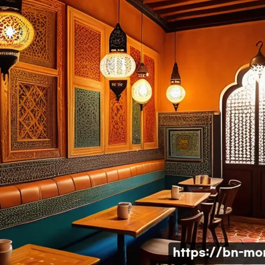 모로코에서 인기 있는 카페 - A cozy Moroccan cafe interior bathed in warm soft lighting, showcasing traditional colorful mosaic t...