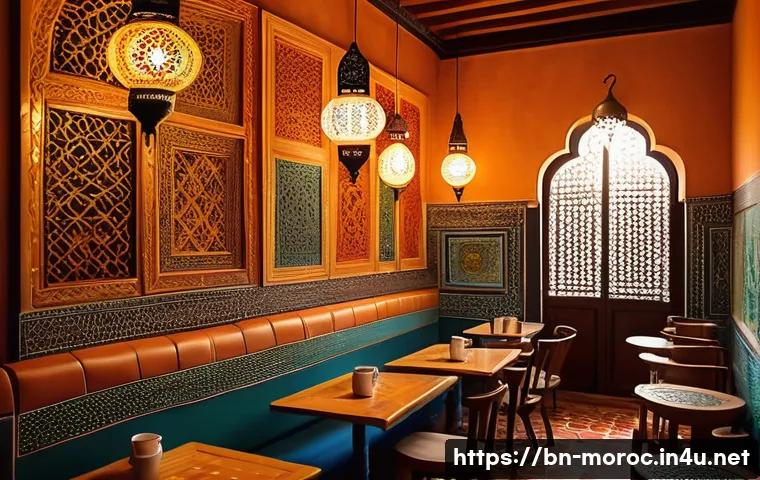 모로코에서 인기 있는 카페 - A cozy Moroccan cafe interior bathed in warm soft lighting, showcasing traditional colorful mosaic t...