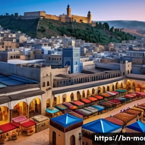 모로코 관광 산업 발전 - A vibrant medieval Moroccan city scene showcasing the ancient medina of Fez with narrow winding stre...