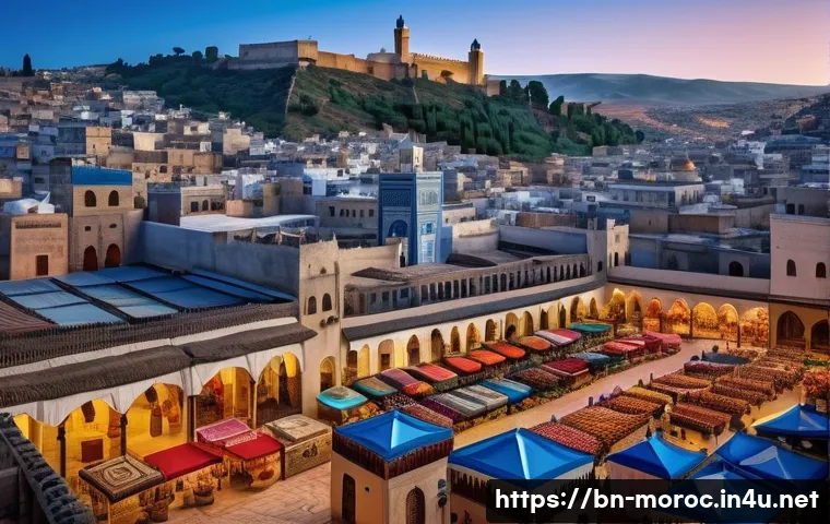 모로코 관광 산업 발전 - A vibrant medieval Moroccan city scene showcasing the ancient medina of Fez with narrow winding stre...