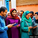 모로코 왕국 정치 체제 - A vibrant street scene in a Moroccan city showing a diverse group of local government officials and ...