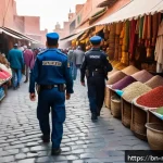 모로코의 치안 및 범죄율 - A bustling Moroccan market scene in Marrakech during daytime, featuring diverse tourists and local v...