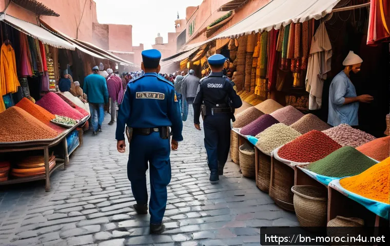 모로코의 치안 및 범죄율 - A bustling Moroccan market scene in Marrakech during daytime, featuring diverse tourists and local v...