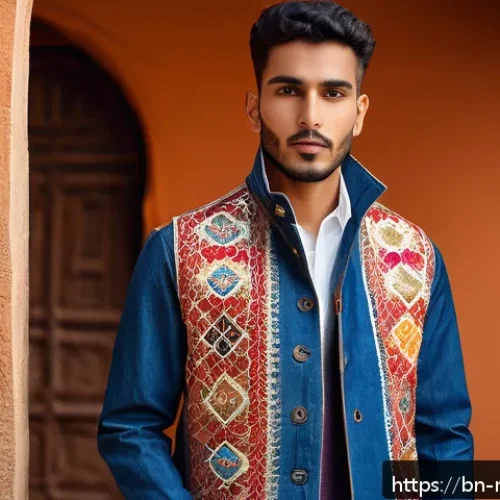 모로코에서 유행하는 패션 - A stylish streetwear outfit blending traditional Moroccan weaving patterns with modern cuts, featuri...