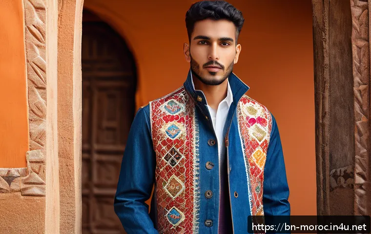 모로코에서 유행하는 패션 - A stylish streetwear outfit blending traditional Moroccan weaving patterns with modern cuts, featuri...
