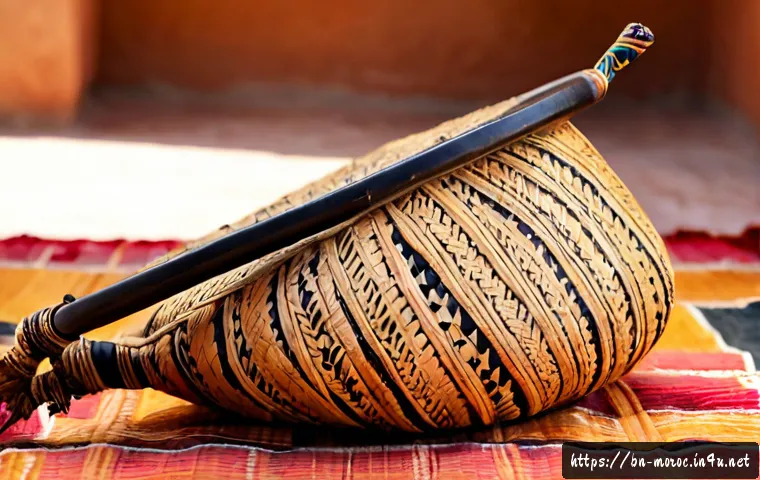 모로코 전통 악기 가나와 - Photorealistic close-up of a traditional Moroccan Gnawa guembri, handmade wooden body covered with s...