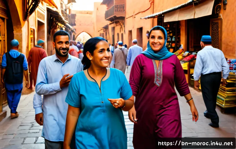 모로코에서 가이드 투어 장점 - Photorealistic travel scene in Marrakech, Morocco, a friendly local guide in modest traditional clot...