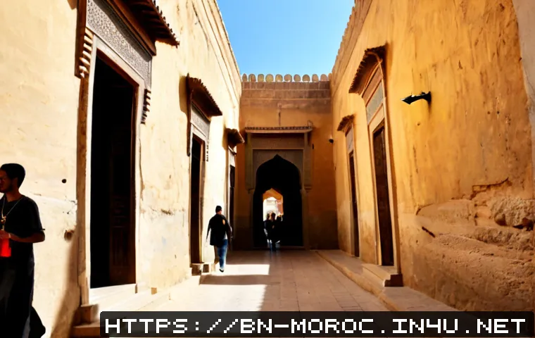 페스 역사 유적지 - Photorealistic wide-angle view of ancient Fes medina, Morocco, narrow stone alley framed by weathere...